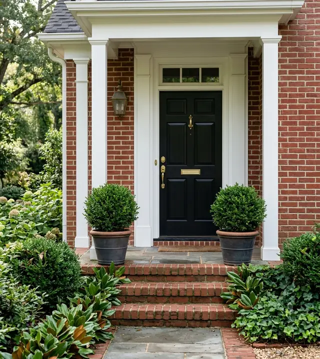 Front entry of a brick colonial home in Atlanta with a black door, white columns and potted boxwoods