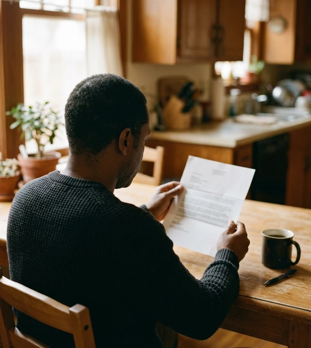Atlanta homeowner at a kitchen table reading a written cash offer with a pen and a cup of coffee