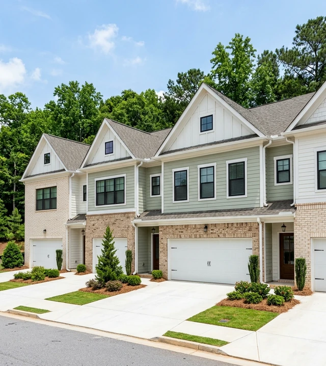 Row of three-story townhomes in metro Atlanta with brick and sage siding, front gables and white garage doors